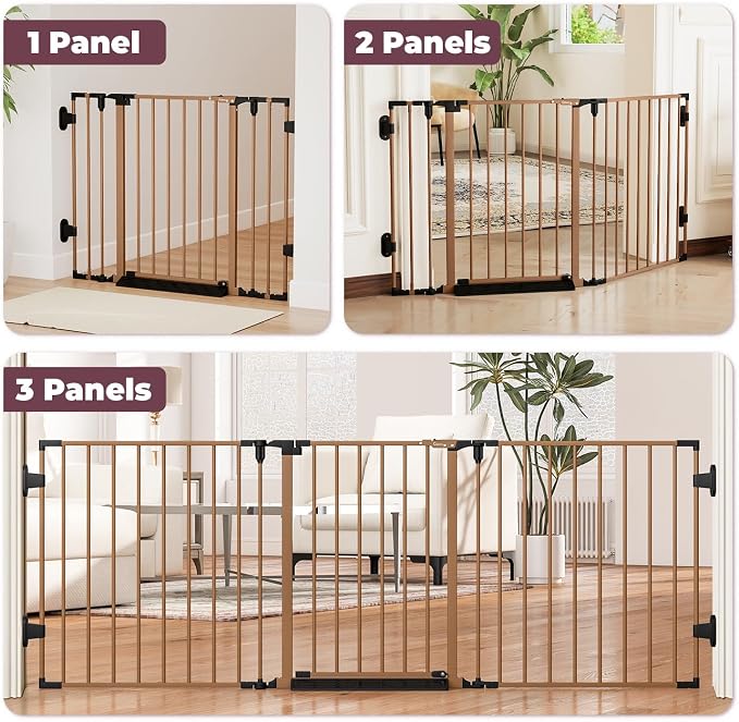 29.4-78" Extra Wide Baby Gate, Long Dog Gates Indoor for Stairs | Essential Large Gate for Child Toddler with Anti-Trip Pedal, Adjustable Pet Gate for Doorways, 28" Tall 3 Metal Panels Brown
