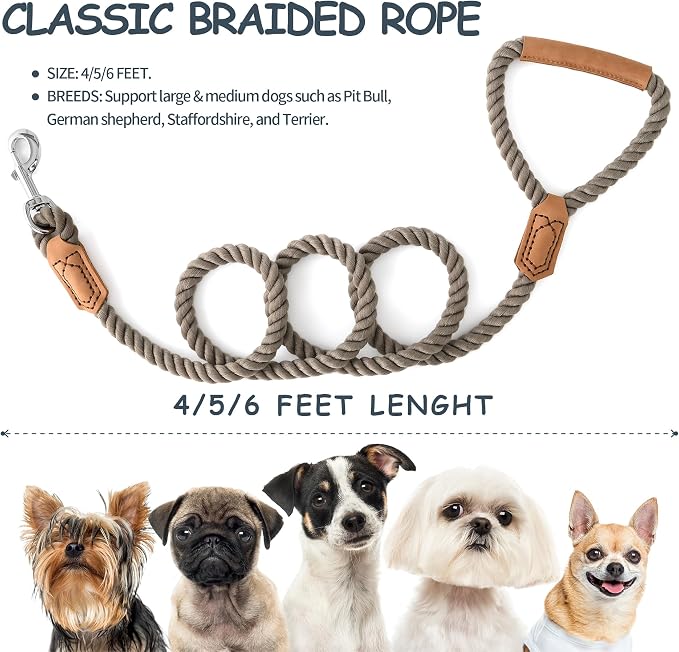 Mile High Life Dog Leash Braided Cotton Rope w/Leather-Wrapped Ends/Handle | Rust-proof 360° swivel clasp, Heavy-duty for medium/large breeds. Great for weddings, daily walks (4 FT, 1/2", Black)