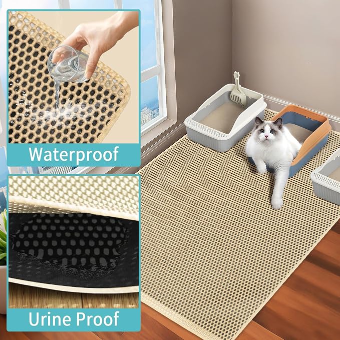Cat Litter Mat Litter Trapping Mats, Large Kitty Litter Box Mat, 35x25in | Double-Layer Honeycomb Litter Catcher Mat to Less Mess, Waterproof and Non-Slip Bottom, Keeps Floor Clean(Khaki)