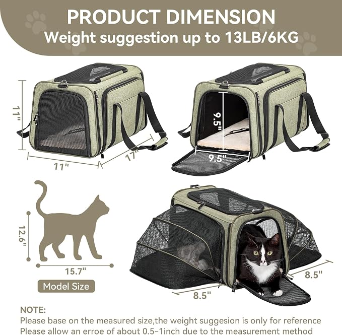 Petsfit Medium Double Expandable Cat Carrier for Cats and Small Dogs | 17 x 11 x 11 in; sized for Delta Air Lines; dual-side expansion, anti-sag frame and safety tether; up to 15 lb.
