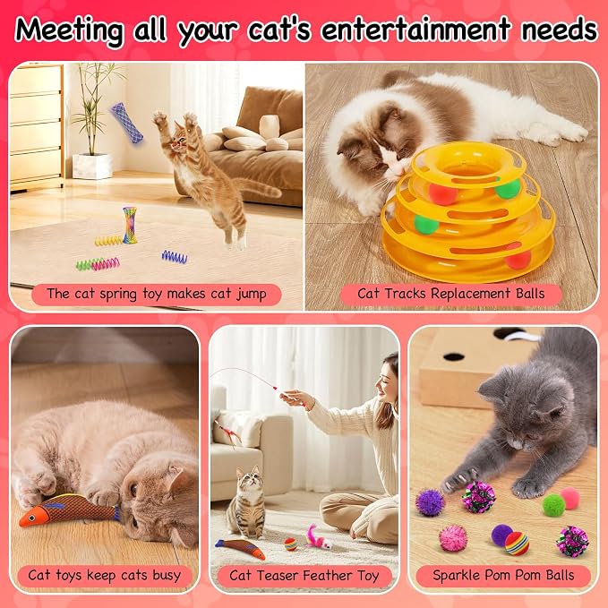 39 Pcs Cat Toys for Indoor Cats, Interactive Fun | Kitten Feather Wand, Catnip Toys, Chew Rope, Springs and Balls, Boredom Relief, Safe and Durable, for All Breeds