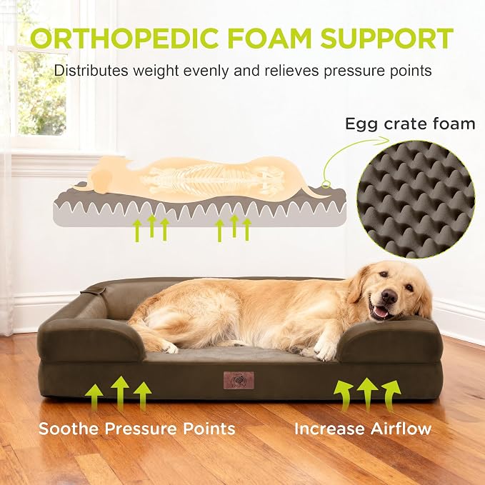 Waterproof Orthopedic Dog Bed for Medium Large Sized Dogs | Memory Foam Pet Bed Sofa with Bolster, Dog Couch with Washable Cover & Non-Slip Bottom, 30x20 Inch, Dark brown