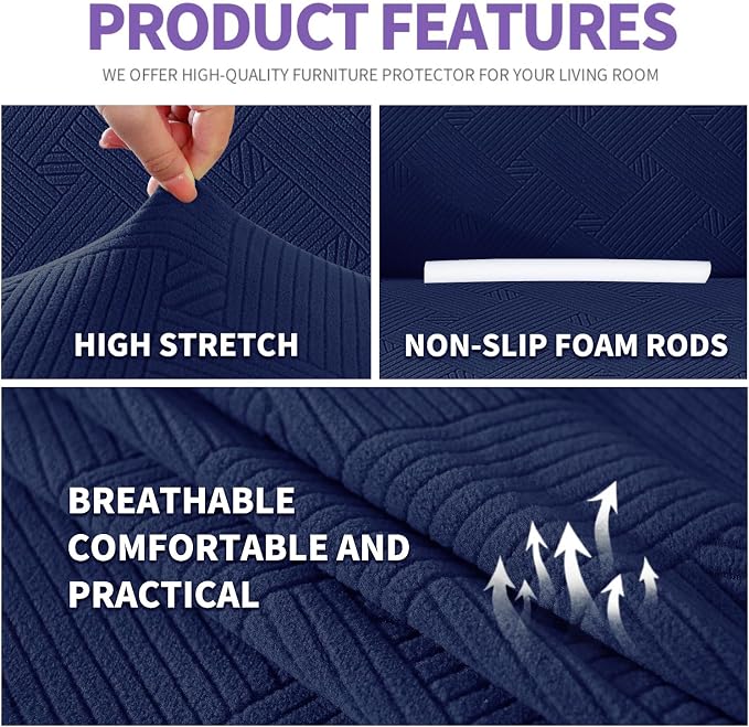 ZNSAYOTX Super Stretch Loveseat Covers (57"-70"), New Striped Love Seat Slipcover, Dogs Pet Friendly Anti-Slip Couch Protector Spandex Durable 2 Seater Fabric Sofa Cover (Navy Blue, Loveseat)