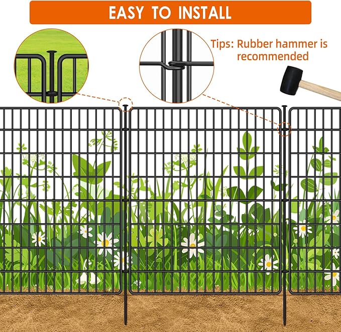 10 Panels No Dig Fence with Gate, 32 in(H) X 24 ft(L) Garden Decorative Fence Animal Barrier for Dogs, Rustproof Metal Garden Edging Border for Outdoor, Yard, Patio, Black