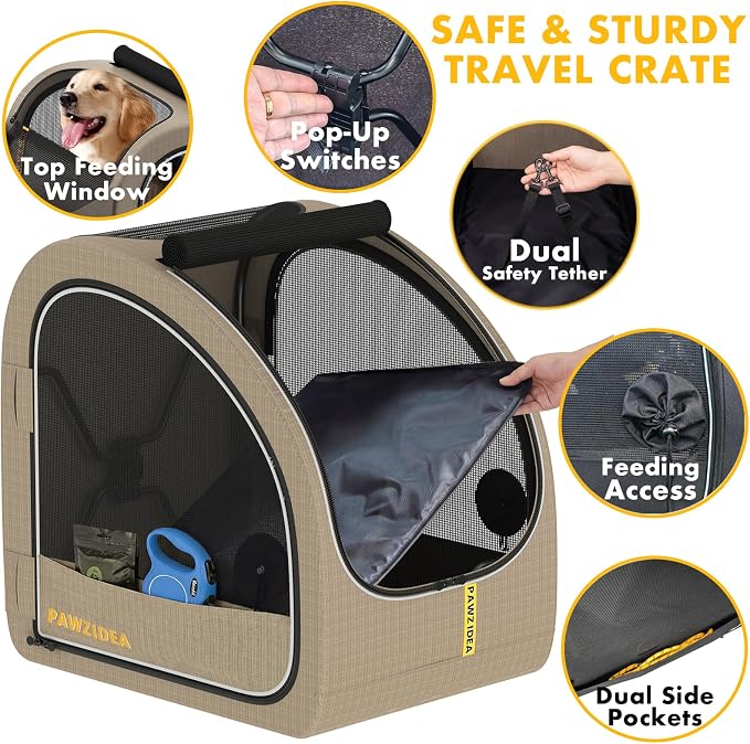 PAWZIDEA Portable Dog Crate for Car, 45% Extra Tall Travel Kennel for Medium & Large Dogs up to 80lbs Sit Upright, Enclosed Soft-Sided Backseat Carrier Collapsible, Secure w/Seatbelt & Headrest Strap