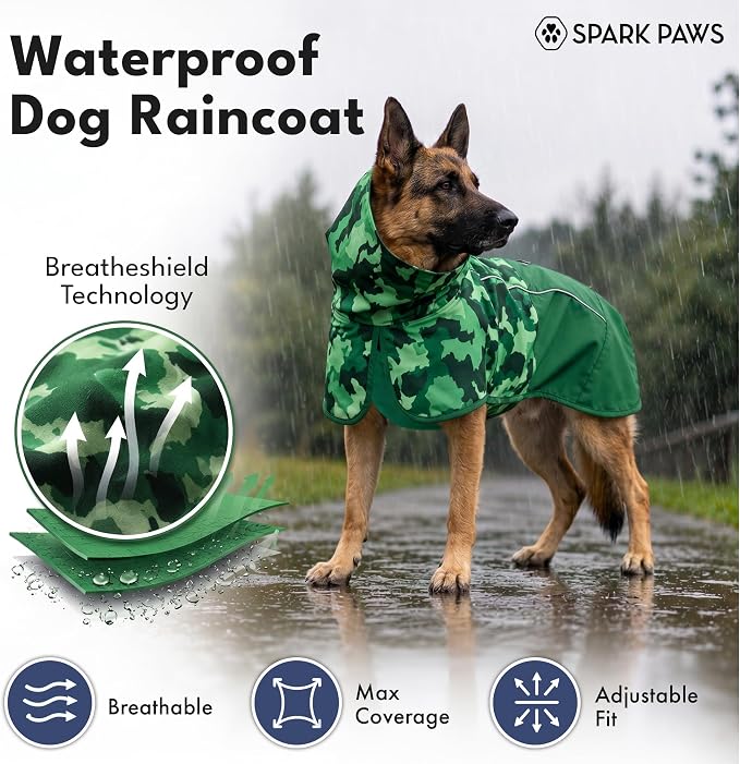Spark Paws Dog Raincoat, Waterproof Windproof Rain Jacket, for Small Medium Large Extra Large Dogs, Reflective Breathable Full-Body Coverage Dry Suit - Camo Green - 3XL