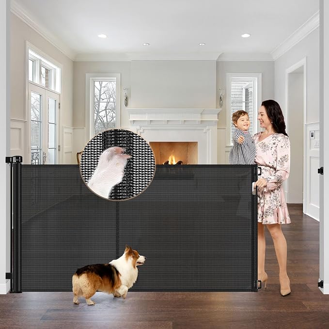 Reinforced 42" Tall x 75" Wide Retractable Baby Gate Prevent Crawling Under | Indoor/Outdoor Tall Retractable Dog Gate, Space-Saving, One-Hand Use, Scratch-Resistant Mesh, Safety Lock, Easy Install/Black
