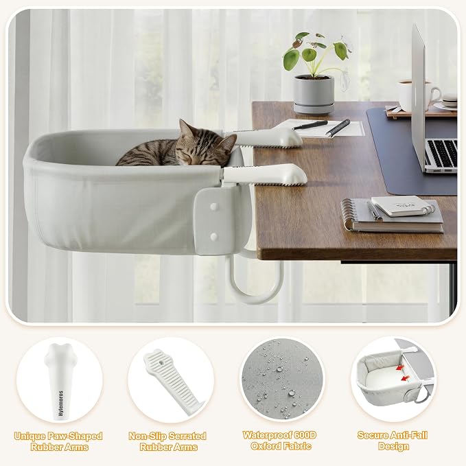 Extra-Sturdy Cat Desk Bed for Large Cats 50lbs Desk Cat Bed Attachment | for Desktop under 3", Heavy Duty, Paw Design, Waterproof, Dual-Sided Mat, Easy Assembly for Gaming Desk & Kitchen Island