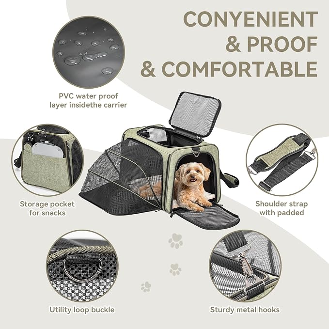 Petsfit Medium Expandable Cat Carrier for Air Travel, Up to 13 lb | 17 x 11 x 11 in; sized for Delta Air Lines, with locking zippers, a handy D-ring, large pocket and multi-side ventilation.
