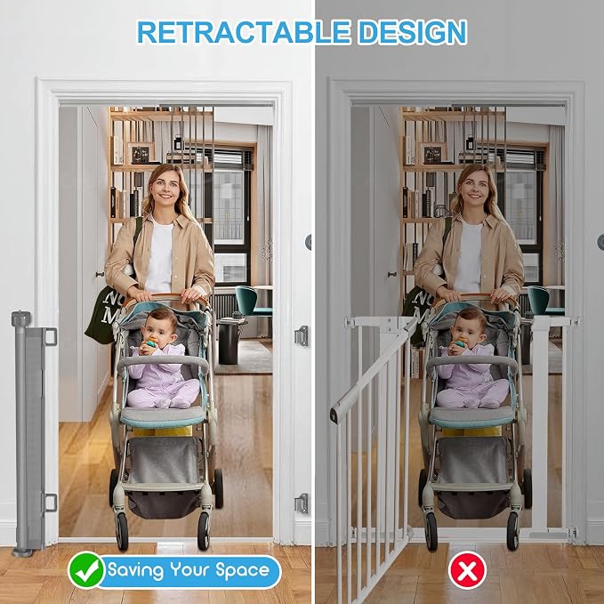 EZIGO 55 Inch Retractable Baby Gates Extra Wide Baby Dog Gate for Stairs | 34 Inch Tall Retractable Dog Gate, One-Hand Operation Mesh Safety Pet Gate for Deck, Porch, Doorways Indoor Outdoor, Gray