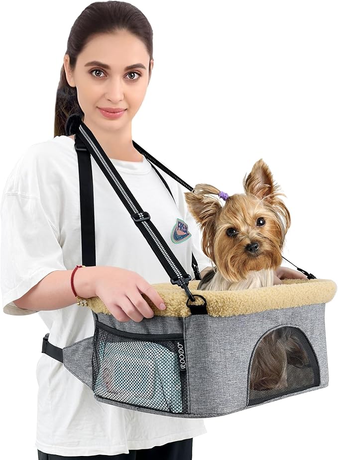 ROODO Dog Car Booster Seat with Safety Leash and Foldable Metal Frame for Small Pets up to 20 lbs Height-Adjustable Portable Puppy/Cat Car Seats with Plush Thick Cushion Mesh Window(Khaki)