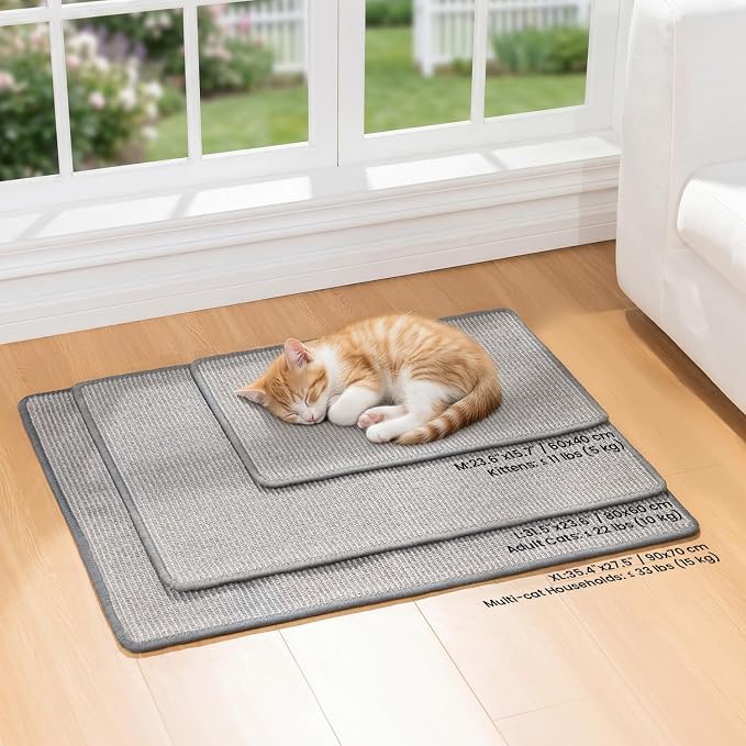 Conlun Cat Scratching Pad, 27.5x35.4in Sisal Mat Couch Protector | Indoor Cat Scratcher Mat, Mess-free, Anti-slip Backing, Hook&Loop Tape for Furniture Door Wall, Grey