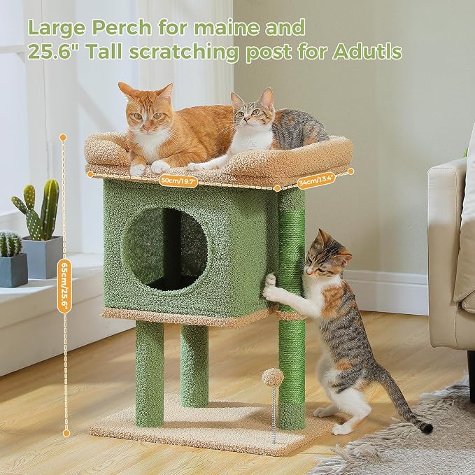 PAWZ Road 26”Cat Tower Cactus Cat Tree for Small Space | Cat Scratching Post with Large Perch 19x13" for 2 Small Cats,Cozy Cat Condo & Spring Ball Compact for Narrow Space & Corner