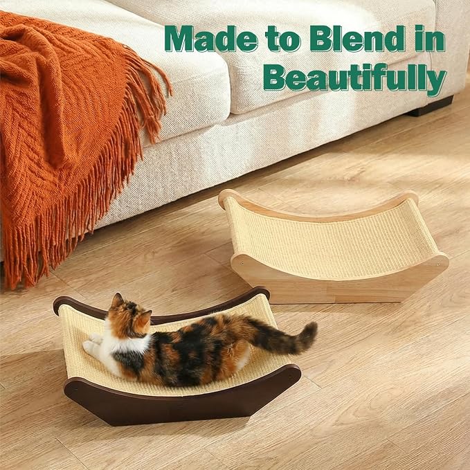 Zakkart Cat Sisal Scratching Bed Hammock, 2-in-1 Cat Scratcher & Lounging Bed, 100% Natural Sisal Mat, Solid Wood Frame, Cat Furniture Protector (Large, Dark Stained)