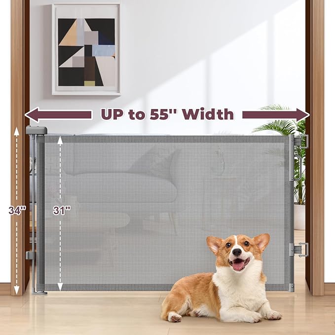 Retractable Baby Gates 2 Pack, 55" Wide Mesh Dog Gate Indoor | 34" Tall Gate for Stairs Doorways Hallways Deck, Child Pet Safety Gate for Indoor Outdoor Home Use, Grey