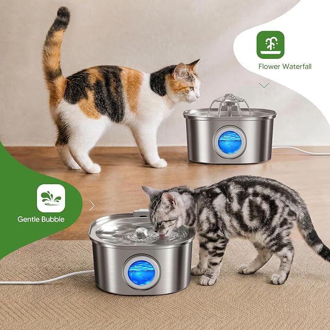 PEKTACO Cat Water Fountain, 3.2L Stainless Steel Pet Fountain, 1 Filter | 108oz capacity, LED water level window, ultra-quiet pump, dishwasher-safe tray, BPA-free, for cats and small dogs