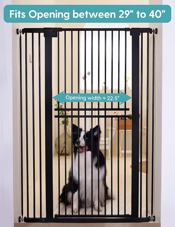 No Pawblems 55" Extra Tall Pet Gate, 29"-40" Wide Tall Dog Gate, Black | No Drilling Pressure Mounted, 1.37" Narrow Bar Spacing, Auto Close Tall Cat Gate for Doorway Hallway, One-Hand Operation