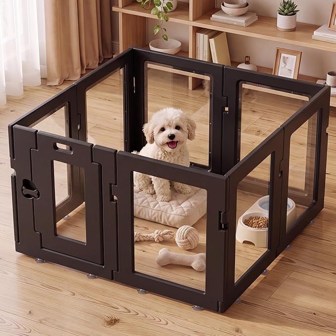 Clear Acrylic Dog Playpen Indoor, Puppy Cat Small Pet Play Pen, Easy Assemble & Disassemble Sturdy Plastic Dog Fence with Heavy Duty Door Lock (8 Panels - 24 in), Black