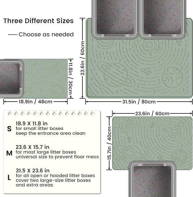 Large Cat Litter Mat 31.5x23.6" High Raised Edge Silicone, Sage Green | Galaxy pattern; waterproof floor guard; non-slip base; BPA-free; easy-rinse surface; scatter control; soft on paws