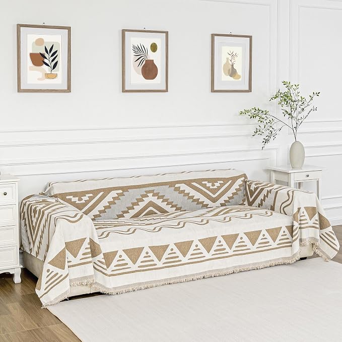 MYSKY HOME Boho Couch Cover for Dogs Washable Khaki Rhombic Couch Sofa Protector for Loveseat Sofa with Pets Friendly Chenille Geometric Sofa Covers Soft Durable Farmhouse Sofa Slipcovers, 71" X102"