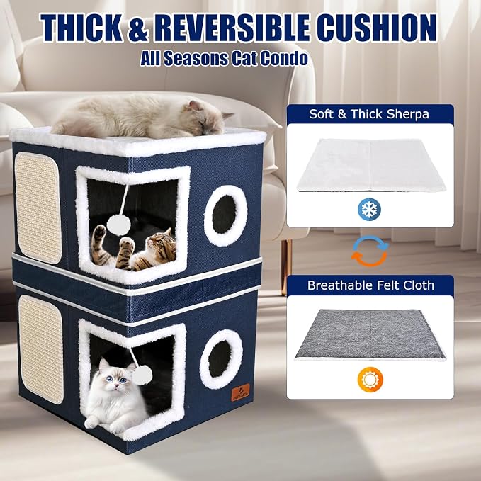 2-Story Cat House for Indoor Cats, Dual-Purpose Cat Cave Bed with Scratch Pad and Fluffy Ball, Foldable Cat Hideaway, Cute Cat Condo Furniture for Multi Small Pet Kitten, Blue