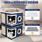 2-Story Cat House for Indoor Cats, Dual-Purpose Cat Cave Bed with Scratch Pad and Fluffy Ball, Foldable Cat Hideaway, Cute Cat Condo Furniture for Multi Small Pet Kitten, Blue