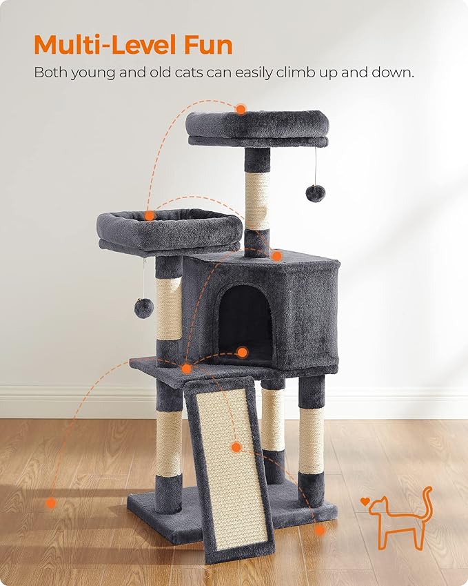 Feandrea Cat Tree, 45.3-Inch Cat Tower, Plush Condo Scratching Post, Gray | 45.3-Inch Cat Tower, Plush Condo with Scratching Post, Ramp, Perch, Spacious Cave, Smoky Gray