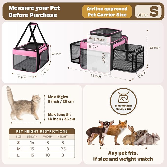 Top and 2 Sides Expandable Pet Carrier 17x11x9.5, TSA Airline Approved Small Dog Carriers for Small Dogs, Soft-Sided Cat Carrier with Self-Locking Zippers for Kitten,Rabbit, Puppy, Guinea Pig Pink