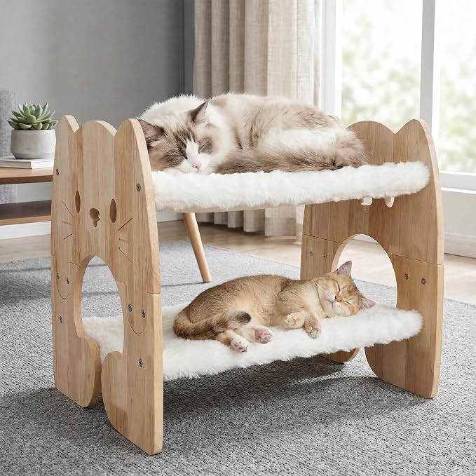Elevated Cat Bed, Solid Rubberwood Cat Hammock Bed with Soft Breathable Cover, Double Pet Beds for Multi-Cats Households Small Dog Rabbit
