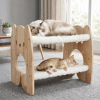 Elevated Cat Bed, Solid Rubberwood Cat Hammock Bed with Soft Breathable Cover, Double Pet Beds for Multi-Cats Households Small Dog Rabbit