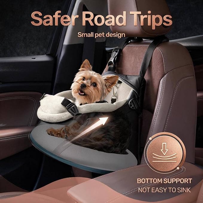 YUDODO Teacup Dog Car Seat - Design for Tiny Dogs up to 7 lbs with Cushion | Elevated View, Rear Pass-Through, Front Carrier, Vegan Leather, Safe & Durable, Waterproof, Wipe Clean, Black