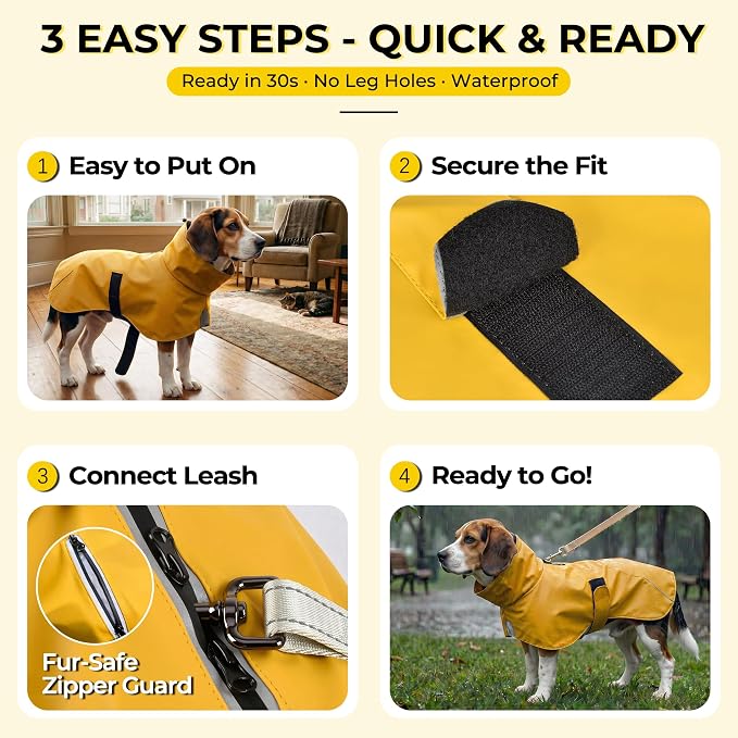 PU Dog Raincoat, Non-Toxic & Odorless Waterproof Vest, Adjustable High Neck and Hook & Loop Belly Closure for Rainy Potty Breaks & Wet Weather Outdoor Walks (Yellow, Small)