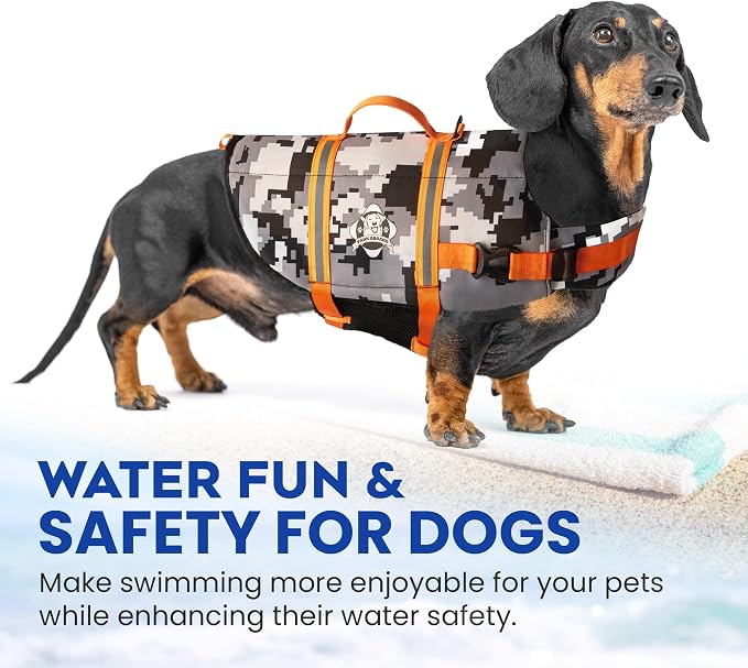 Dog Life Jacket — Premium Swim Vest with SafeChin Anti-Choke Collar | PAWS Aboard Grey Camo | RapidLift Rescue Handle, D-Ring, Reflective Trim | Boating, Kayaking, Pool | Medium (25–50 lbs)
