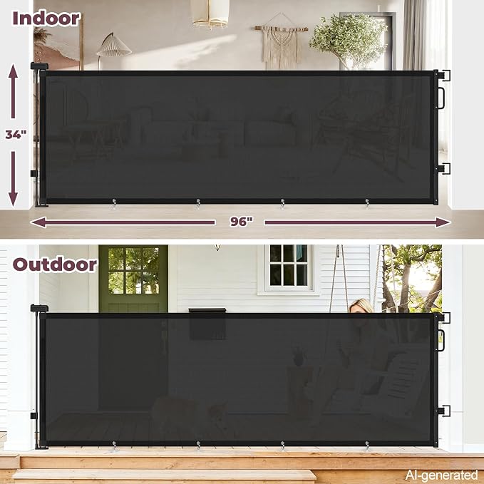 96" Retractable Baby Gate, Long Mesh Dog Gate for Garage Deck Porch | Strong Suction Disc Prevent Crawling Under, 34" Tall Child Safety Gate for Large Openings, Indoor Outdoor Use, Black