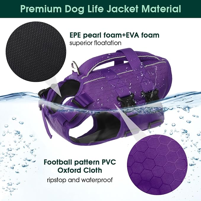 Kuoser Dog Life Jacket, High Flotation Reflective Dog Life Vest, Purple, XS | Adjustable Dog Lifejackets for Small Medium Large Dogs, Lifevest with Rescue Handle for Swimming, Boating, Lake, Beach & Pool