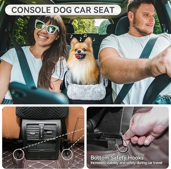 PETSFIT Center Console Dog Car Seat, Portable Pet Car Seat with Safe Protective Hooks, Luxury Dog Car Seats for Small Dogs Includes Safety Leash and Storage Pocket for Pets Up to 9 lbs (Black)