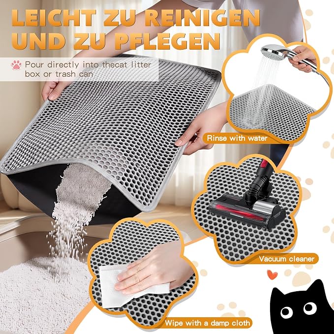 Cat Litter Mat 30"x24", Double Layer Waterproof Litterbox Mat, Gray | Non-slip backing, washable for easy cleanup, traps stray litter with waterproof honeycomb large grid that is urine-proof.