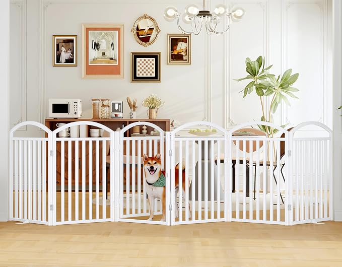 Foldable Pet Fence 144" Wide, 32" Tall,No-Assembly Dog Gate with Door,White | 6 Panels Metal Folding Freestanding Dog Gate Walk Through,Extra Accordion Puppy Folding Playpen for Doorways, Stairs,House