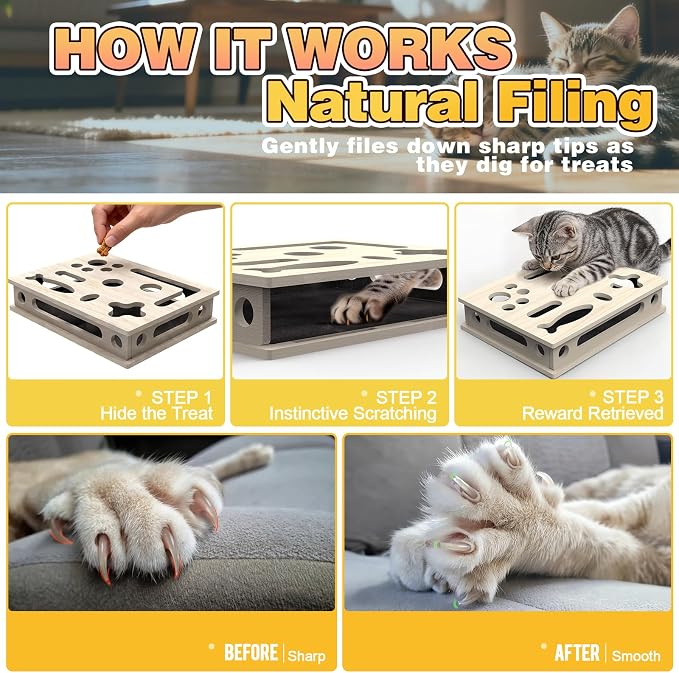 Cat Scratch Puzzle Enrichment Box, Interactive Cat Puzzle Toy Box | Cat Claw Care, Cat Scratch Puzzle Box - Stress Free Alternative to Clippers & Grinders for Indoor Cats, No Bell Ball