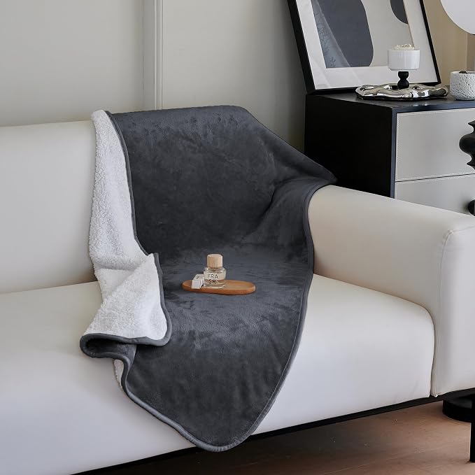 gogobunny Dog Blanket, Waterproof Reversible Sherpa Fleece Throw Blanket, Furniture Cover for Bed, Couch, Sofa Protection from Liquid Pee and Pet Fur of Puppy, Cat (Dark Grey, 30x70 inches)