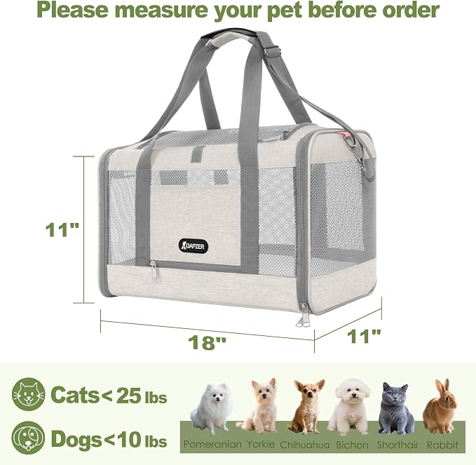 GAPZER Cat Carrier American Airline Approved 18x11x11,Top Opening Pet Cage | Mini Dog Foldable Soft Carrying Bag, Bichon Crate Kennel Breathable Case Hard Bottom, 4-Side-Ventilation See Through Mesh Bag
