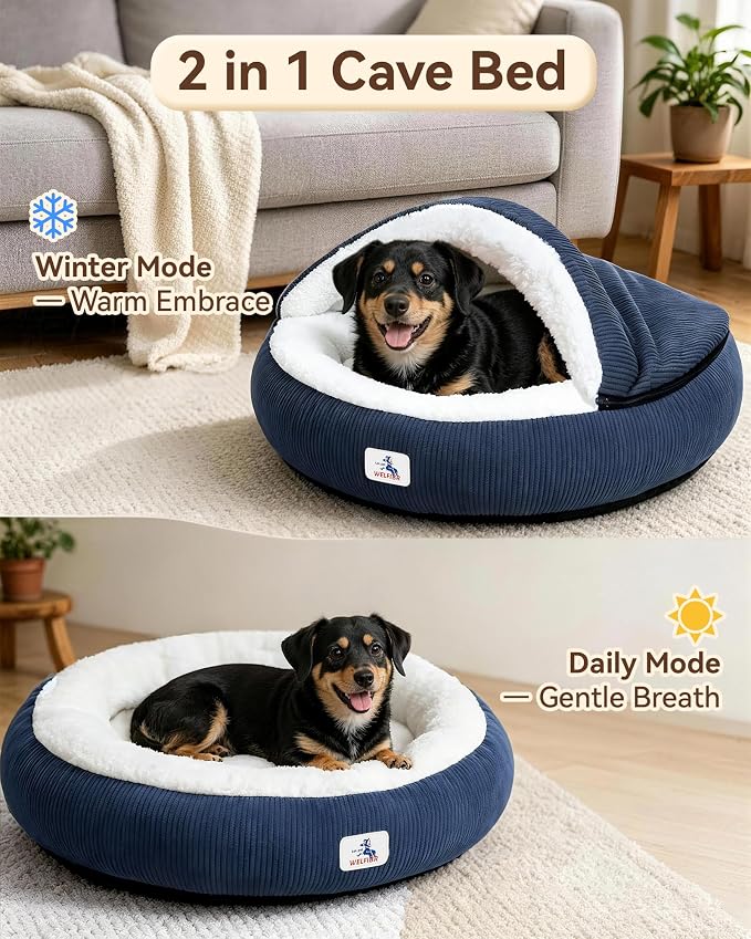 Calming Cozy Dog Cave Cover Bed, Small Doggy Anti Anxiety, Washable | Not Collapsing, Stand Up Hooded Cover, Cozy Round Fluffy Cocoon Beds Medium Cat, 2 in 1 Removable, Neck Support, Blue
