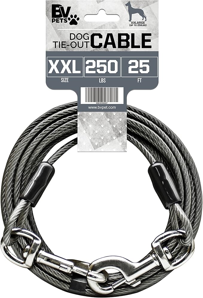 BV Dog Tie Out Cable 25 Feet - Heavy Duty Dog Lead Up to 250 Pounds - Reflective & Rust-Free with Quick Release Swivel Clips & 360° Rotating Clasp - Tangle-Free Dogs Runner for Yard (Grey, Single)