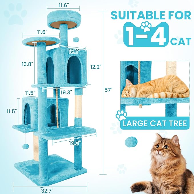 57inch Large Cat Tree Tower Condo for Indoor Cats, Soft Plush Multi-Level Climbing Tree Cat House with Cat Cave, Scratching Post, More Entrance/Exit, Sisal Rope, Light Blue