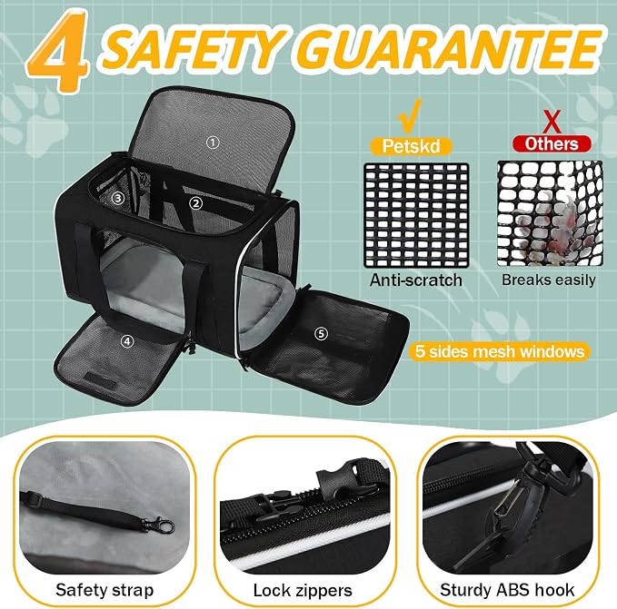 Petskd Small Pet Carrier 18" L x 11" W x 11" H Airline Approved, Black | for Delta/American/United Airlines, Lockable Safety Zippers and Anti-Scratch Mesh, Pets Under 10 lbs