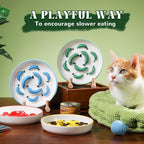 Ceramic Slow Feeder Cat Bowl, 6.3'' Wide Whisker Friendly Cat Puzzle Feeder | Slow Eating 5x, Anti Vomit Shallow Slow Eating Cat Dish for Dry and Wet Food, Contrasting Colors, 6.3" X 1.2"