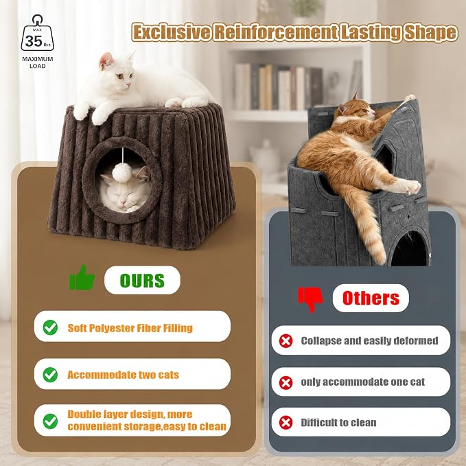 Dogpals Indoor Cat House - Large Cat Cave Bed with Fluffy Balls, Foldable Cat Bed Cave and Apartment with Pads, Suitable for Multiple Small and Large Cats, 18.5x15.4x15.4inches (Coffee, XL)