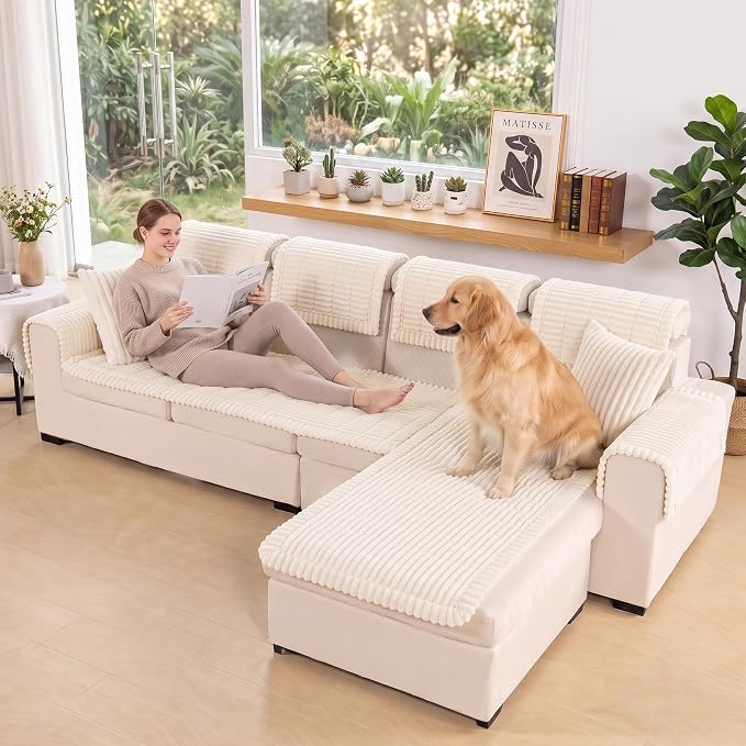 FUANGUI 2 Pack Waterproof Couch Cover for Dogs Pets Sofa Protector | Non-Slip Washable Fuzzy Soft Sofa Slipcover for 2 PCS L Shaped Sofa Pet Friendly, 27.6" x 59.1"+27.6" x 70.9", Beige