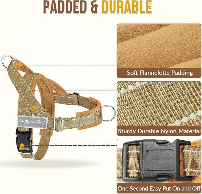 Lukovee No Pull Dog Harness and Leash Set - Adjustable Soft Padded Vest with Front Clip for Easy Control, Reflective Durable Harness for Safe Daily Training Walking for Medium Large Dogs (S, Tan)