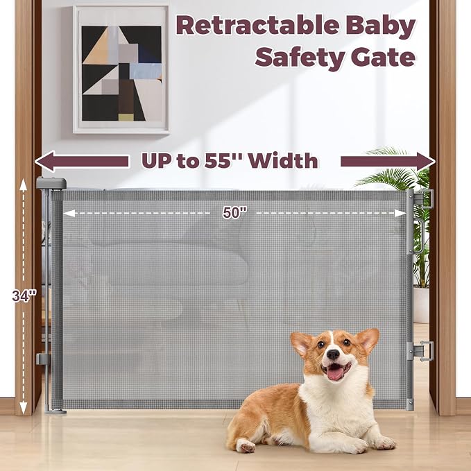 Retractable Baby Gate for Stairs & Doorways, Dog Gate Indoor Outdoor | Extends to 55" Wide 34" Tall Mesh Child Gate for Hallways, Deck, Porch, Pet Toddler Safety Essentials, Easy Install, Grey